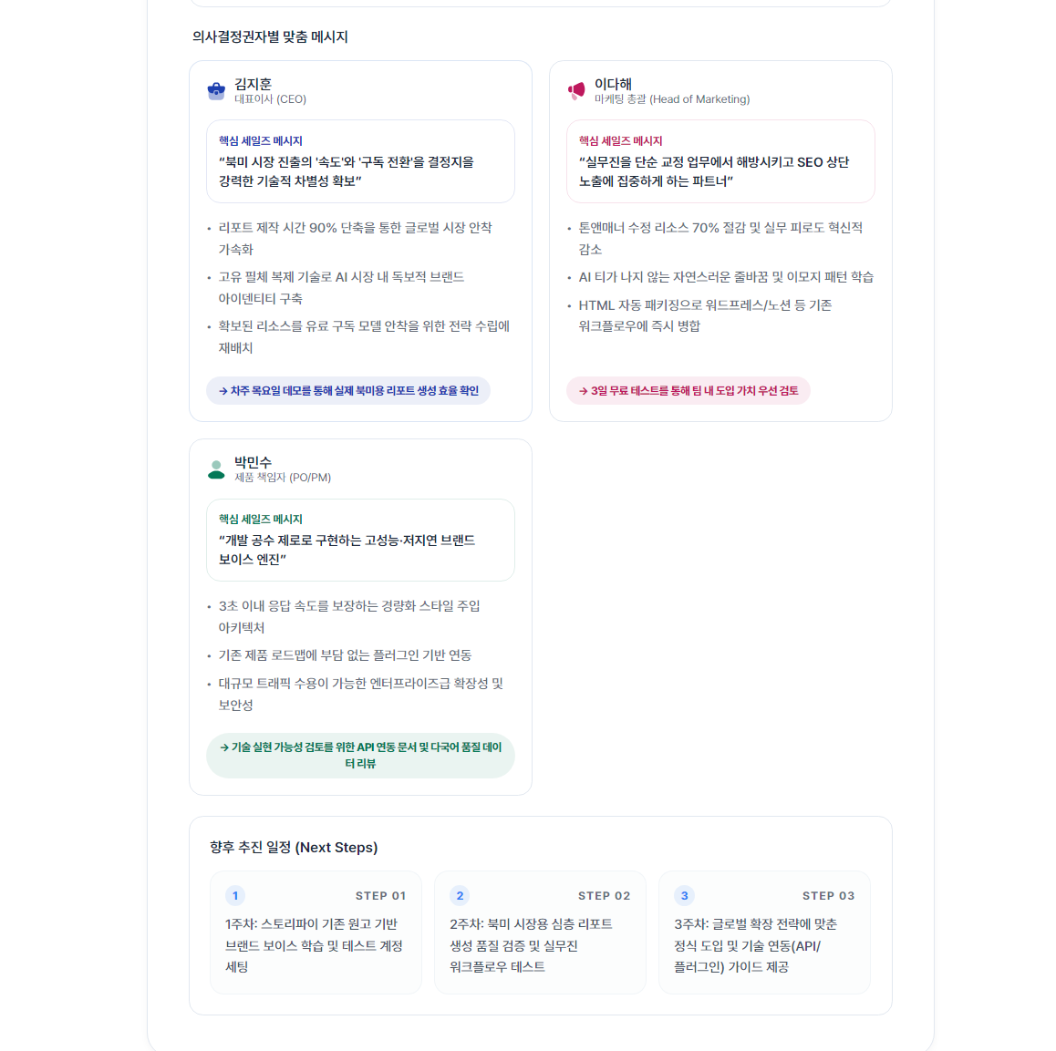 의사결정권자별 맞춤 메시지와 향후 추진 일정을 보여주는 전략 문서